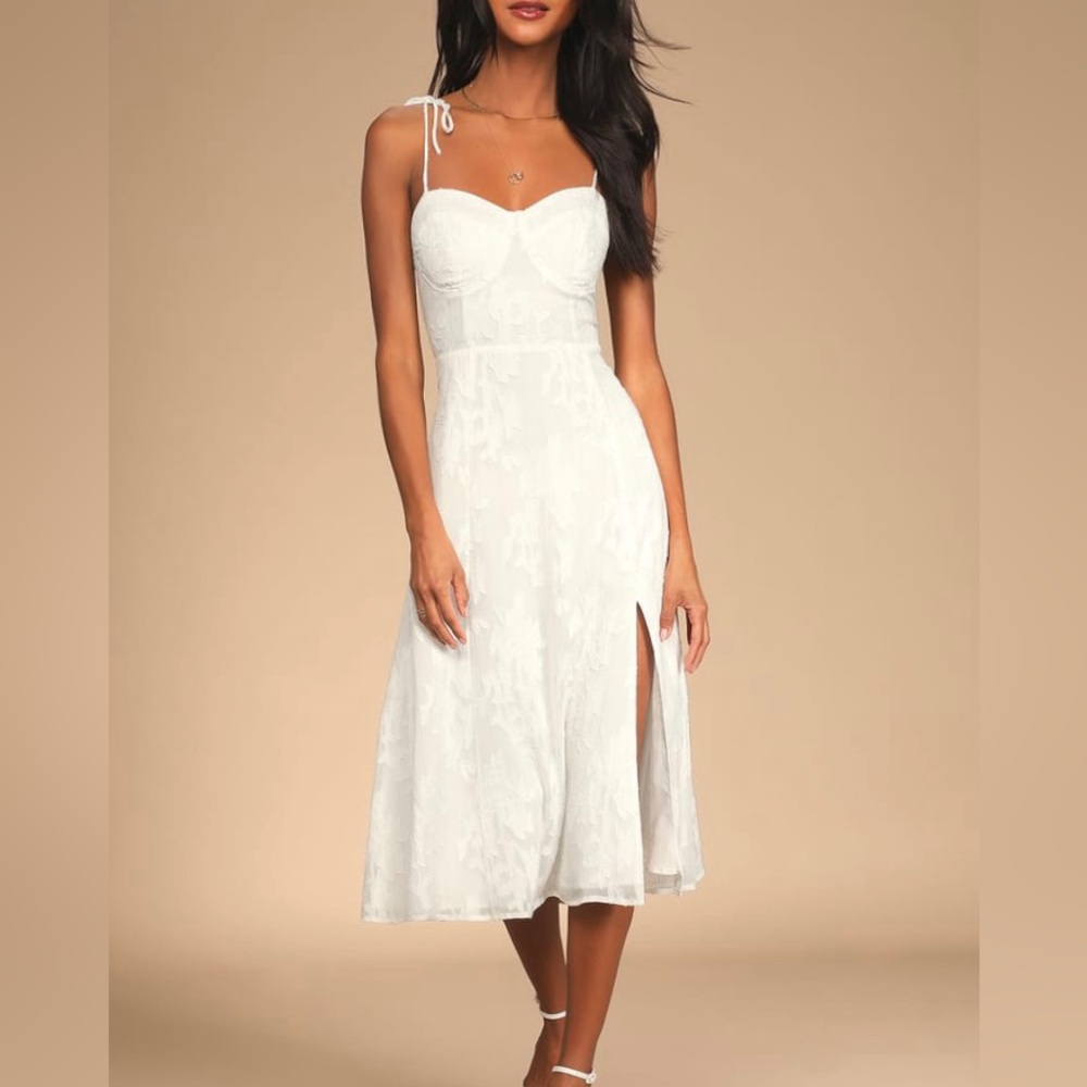 NWT Lulus Loveliest Looks White Floral Jacquard Tie-Strap Midi Dress Size XL